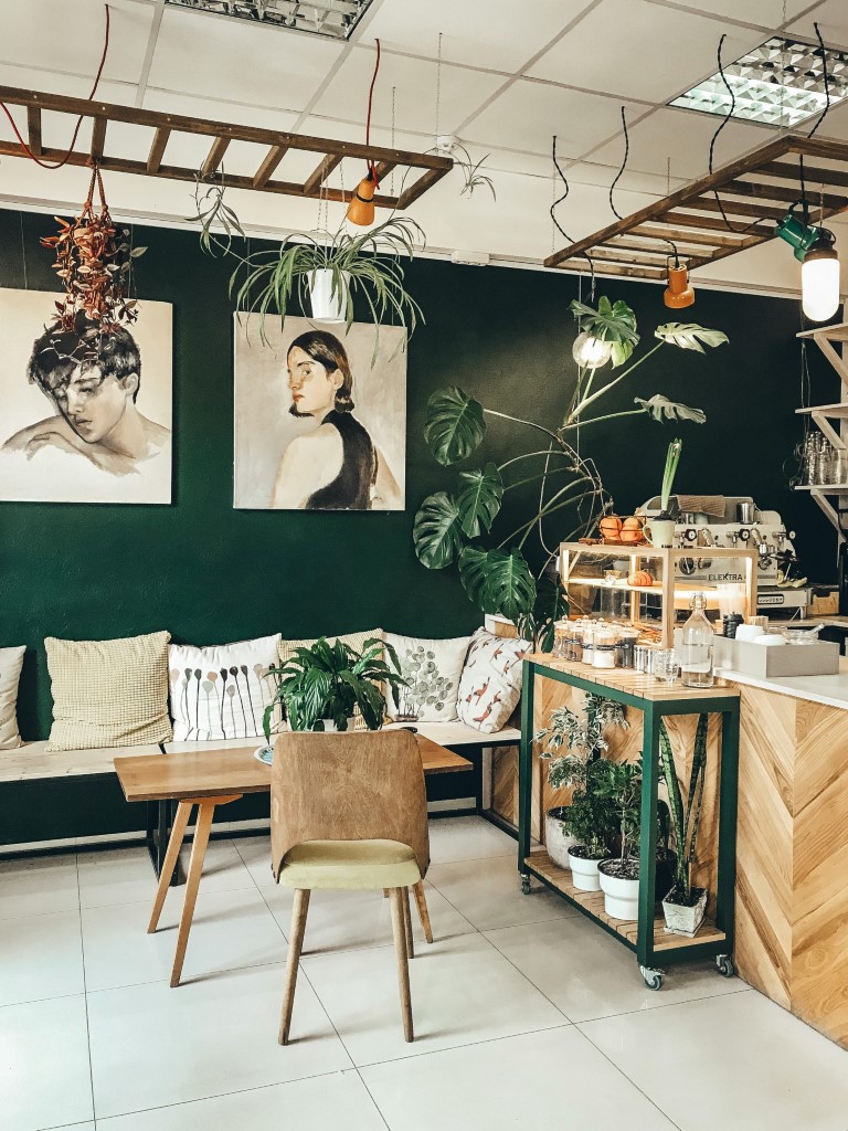 Restaurant and hospitality interior with feature wall and dining tables